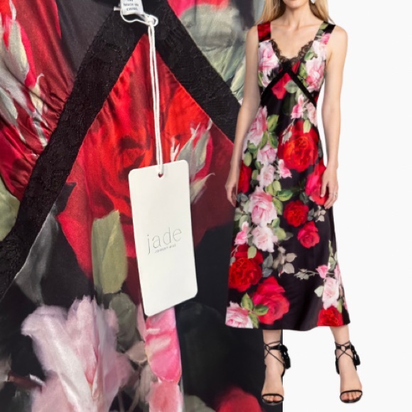 NWT JOHNNY WAS RED & BLACK FLORAL SILK BLEND 
SLIP MIDI DRESS - Picture 8 of 10